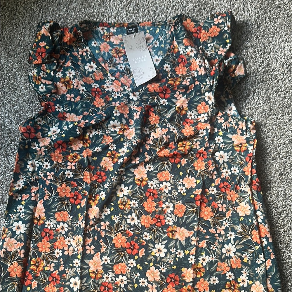 Orange and Blue Ruffled Blouse with Floral Pattern